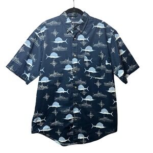 Puritan Blue Short Sleeve Button Up Shirt Fishing Boat Sailfish All Over Print M